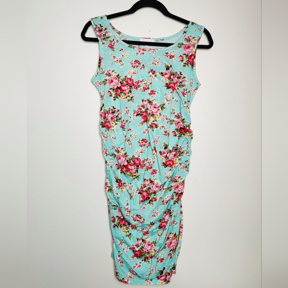 BHome Teal Floral Maternity Bodycon Tank Dress w ruching, Size M (8-10)